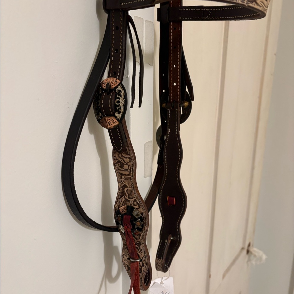 Handmade in Texas- Genuine Dark Leather Browband Western Headstall, Brand New - Picture 6 of 10